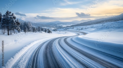 Curving Snowy Road Amidst Winter Landscape