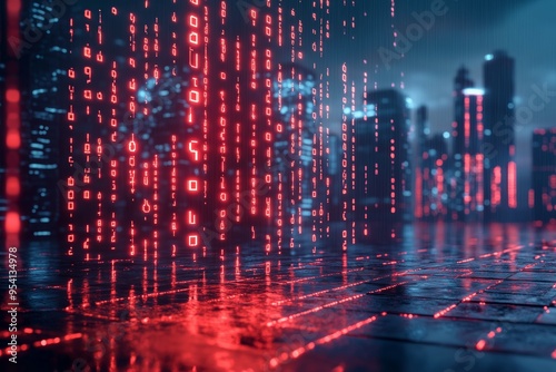 A visually striking image depicting a digital data stream in a futuristic cyber city.