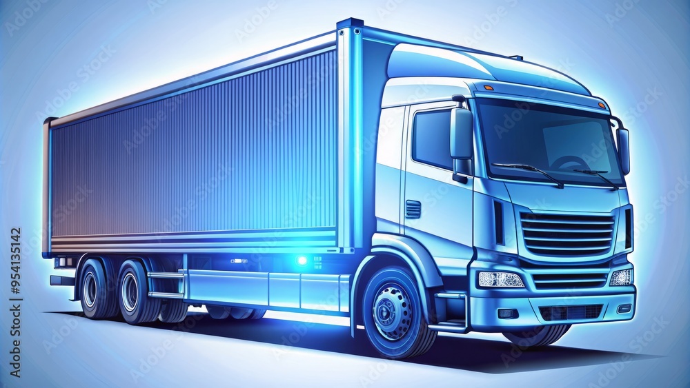 Illuminated refrigerated truck with frosty doors and cargo bay, isolated on white background, featuring bold lines and Illuminated refrigerated truck with frosty doors and cargo bay, isolated on white background, featuring bold lines and