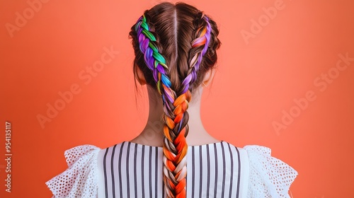 Back shot of brown-haired girl with zigzag parting and bright colorful kanekalons woven in classic braids. The lady is wearing white perforated dress with wide ruffle and black striped pattern.  photo