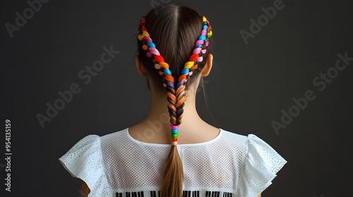 Back shot of brown-haired girl with zigzag parting and bright colorful kanekalons woven in classic braids. The lady is wearing white perforated dress with wide ruffle and black striped pattern.  photo