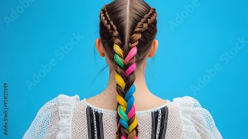 Back shot of brown-haired girl with zigzag parting and bright colorful kanekalons woven in classic braids. The lady is wearing white perforated dress with wide ruffle and black striped pattern.  photo