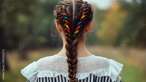 Back shot of brown-haired girl with zigzag parting and bright colorful kanekalons woven in classic braids. The lady is wearing white perforated dress with wide ruffle and black striped pattern.  photo