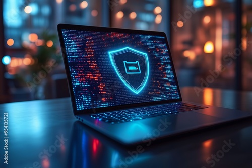 A laptop displaying a glowing shield icon, symbolizing cybersecurity protection, is placed on a desk in a dimly lit environment.