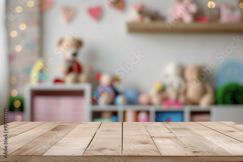 Empty wooden table, desk or shelf with blurred view of modern children bedroom