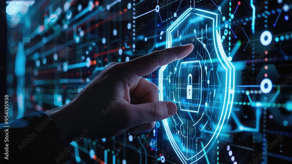 Hand reaching out to glowing digital shield with padlock. Hand reaching out to glowing digital shield with padlock.
