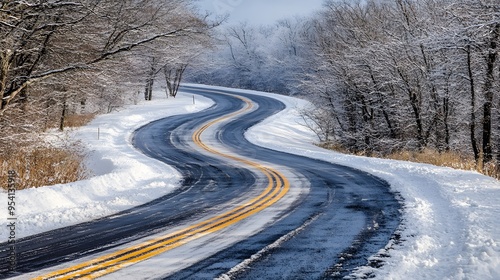 Curving Snowy Road Amidst Winter Landscape