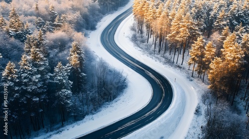 Curving Snowy Road Amidst Winter Landscape