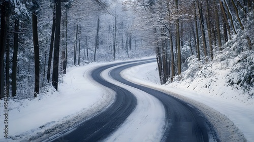 Curving Snowy Road Amidst Winter Landscape