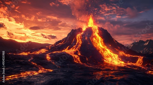 Erupting Volcano With Molten Lava Flowing Down Sides