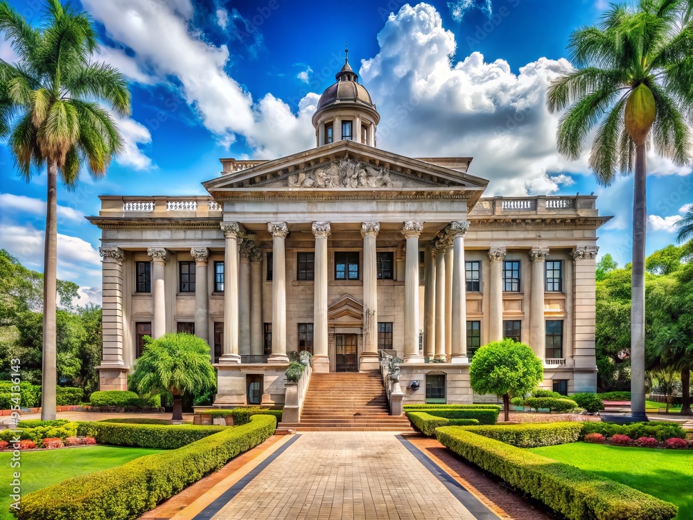 Impressive neoclassical-style courthouse building with grand entrance, columns, and ornate details, set amidst lush Impressive neoclassical-style courthouse building with grand entrance, columns, and ornate details, set amidst lush