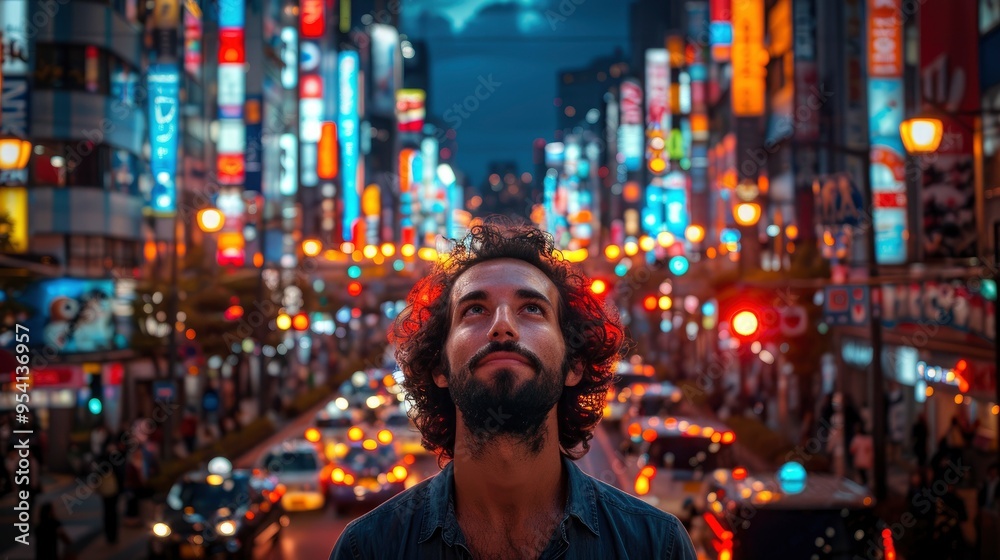 Man Looking Up at Neon Lights in Tokyo, Japan Man Looking Up at Neon Lights in Tokyo, Japan