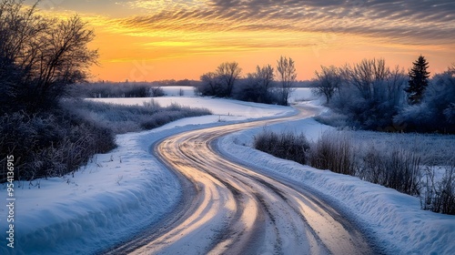 Curving Snowy Road Amidst Winter Landscape