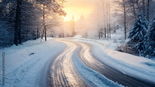 Curving Snowy Road Amidst Winter Landscape