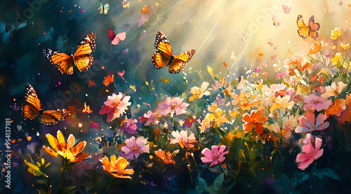 Garden Tapestry: A Watercolor Dance of Butterflies and Flowers