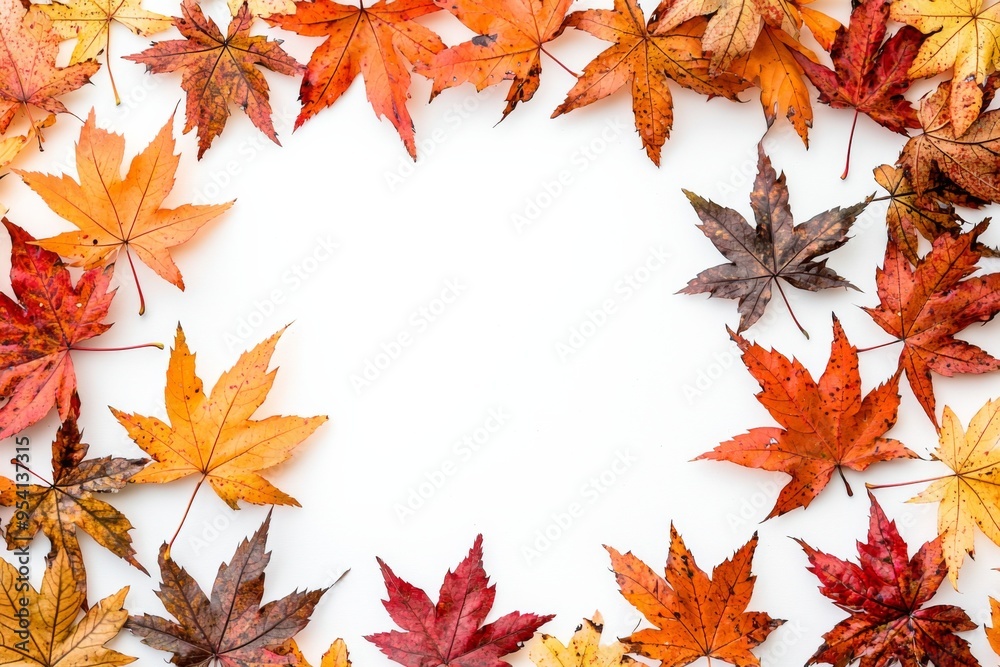 Autumn Maple Leaves Flat Lay White Background created with Generative AI Autumn Maple Leaves Flat Lay White Background created with Generative AI