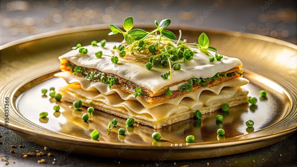Elegant Fine Dining White Lasagna with Truffle Oil and Microgreens on Luxurious Gold Plate Elegant Fine Dining White Lasagna with Truffle Oil and Microgreens on Luxurious Gold Plate