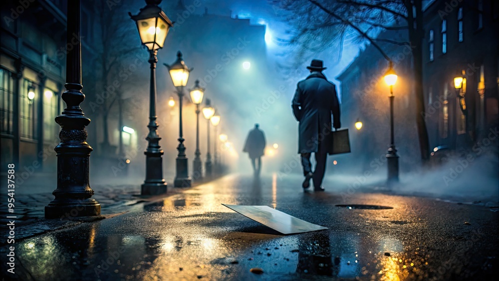 Obraz premium Mysterious shadows engulf a torn identity card on a dark gritty city street at night with a hint of fog and a lonely streetlamp glow