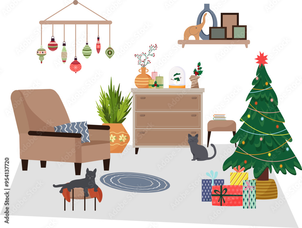 Living room interior with furniture. Christmas and New Year. Armchair and nightstand, Christmas tree and gifts. Two cats. New Year's balls on the wall. Vector illustration