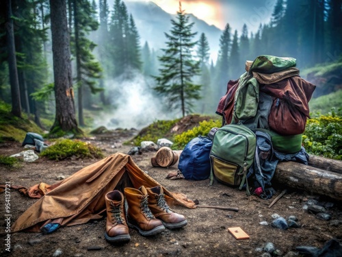 Rustic adventure awaits amidst scattered camping gear and crumpled clothing strewn about a distressed leather backpack on a foggy mountain forest floor at dusk.