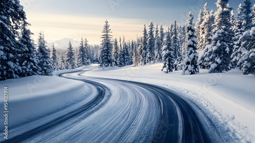 Curving Snowy Road Amidst Winter Landscape