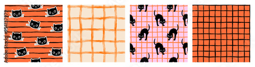 Seamless Vector Set With Cute Retro Halloween Seamless Plaid Patterns, Groovy Checks with Cats in Pink, Orange and Black Colors