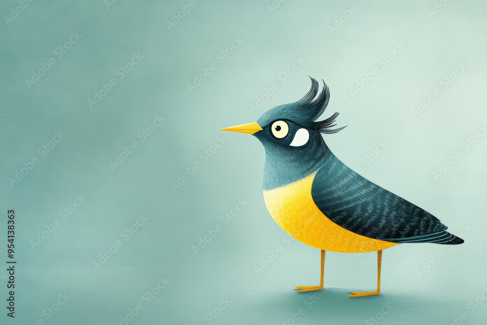 Naklejka premium Minimalist Northern Lapwing - Playful illustration of a bird with a mohawk on a teal background. The design is fun and vibrant, with space for text.