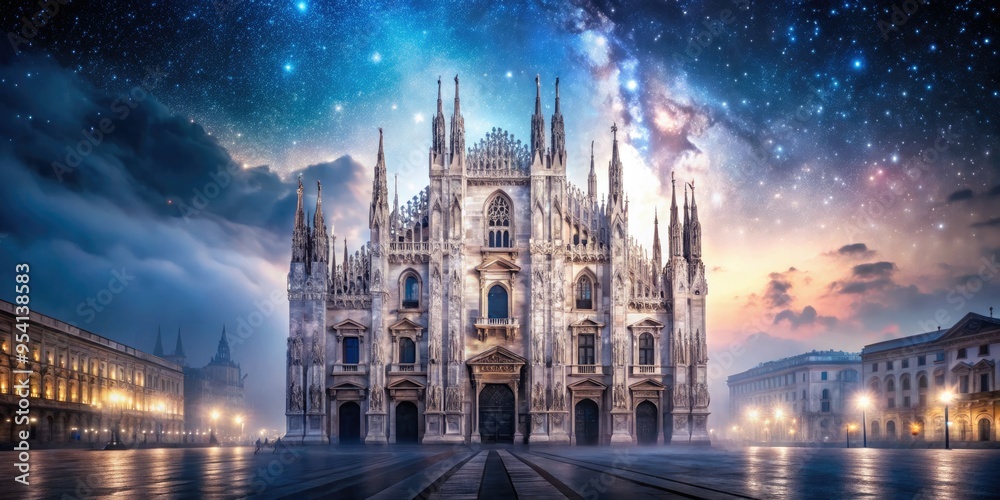 ethereal milan cathedral nighttime exterior majestic gothic architecture starry night sky subtle misty fog delicate soft focus romantic mystical serene atmosphere ethereal milan cathedral nighttime exterior majestic gothic architecture starry night sky subtle misty fog delicate soft focus romantic mystical serene atmosphere