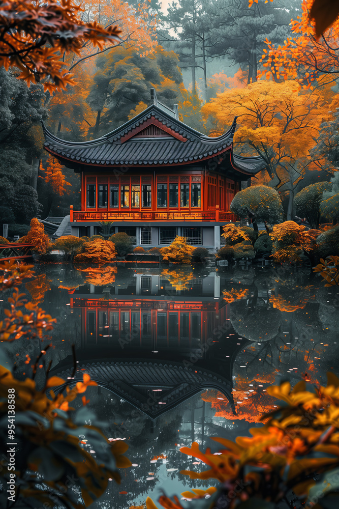 Fototapeta premium Autumn Reflection: Tranquil Traditional Pavilion Surrounded by Vibrant Foliage and Serene Pond