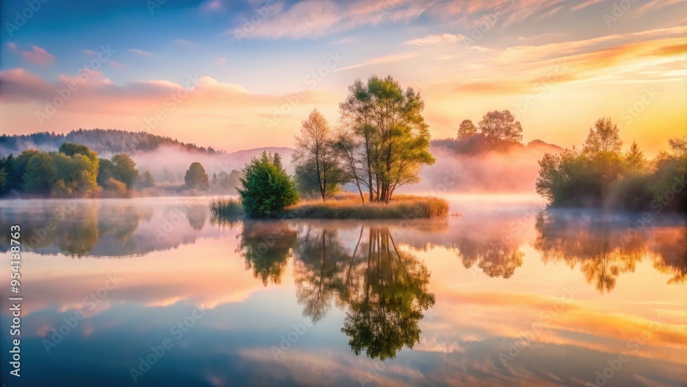 ethereal lake mist morning dreamy surrealism soft silky water tranquil atmosphere subtle colors serene mood contemplation peacefulness nature escape