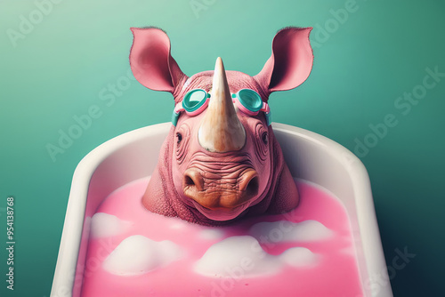 rhino in bathtub, wearing swim mask. Playful animal in bright, minimalist domestic scene. Colorful, whimsical image with striking contrast, perfect for creative and marketing use,