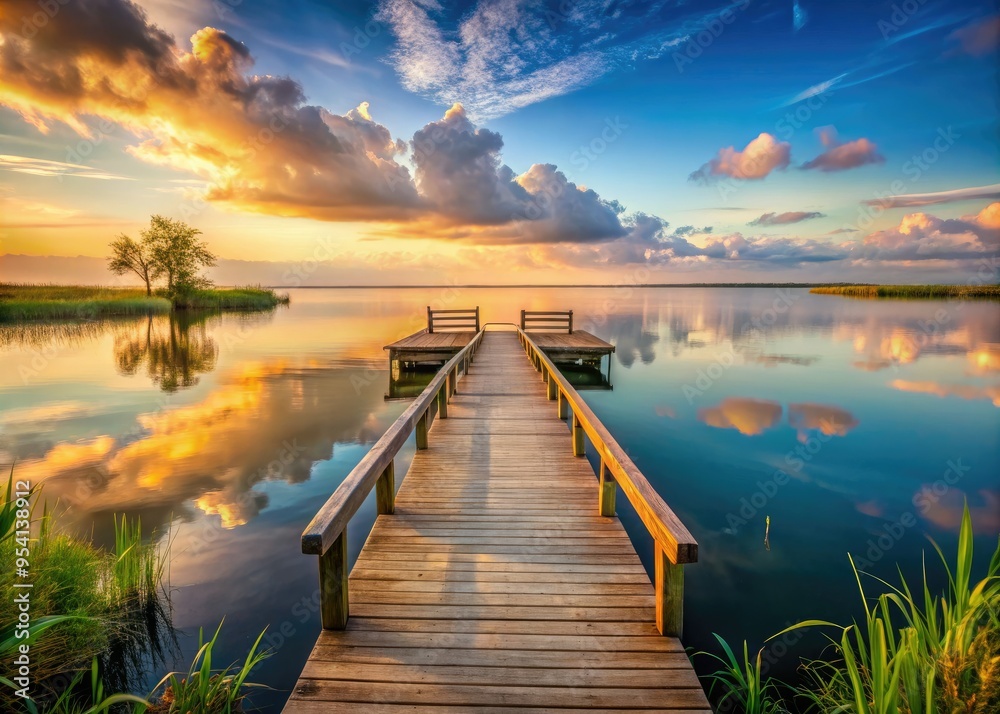 Fototapeta premium Idyllic serene atmosphere of isolated wooden dock on Lake Okeechobee, soft morning light, warm colors, shallow depth, tranquil mood, solitude concept