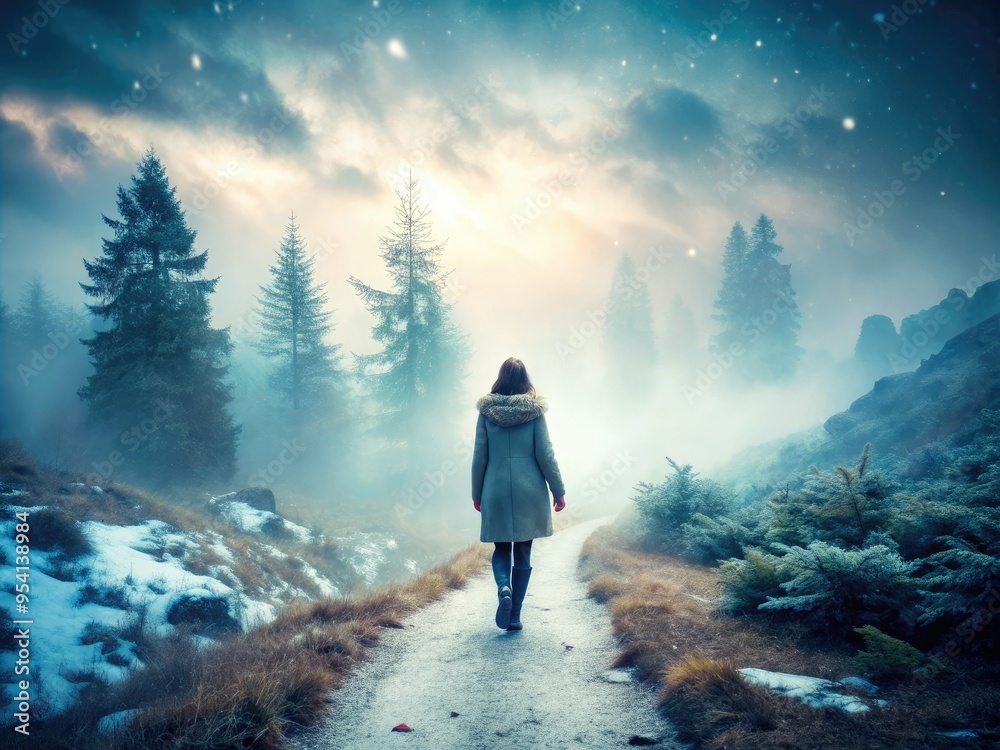 ethereal landscape of a woman walking on a snowy mountain path surrounded by mist and fog with a dreamy soft focus effect and muted colors ethereal landscape of a woman walking on a snowy mountain path surrounded by mist and fog with a dreamy soft focus effect and muted colors