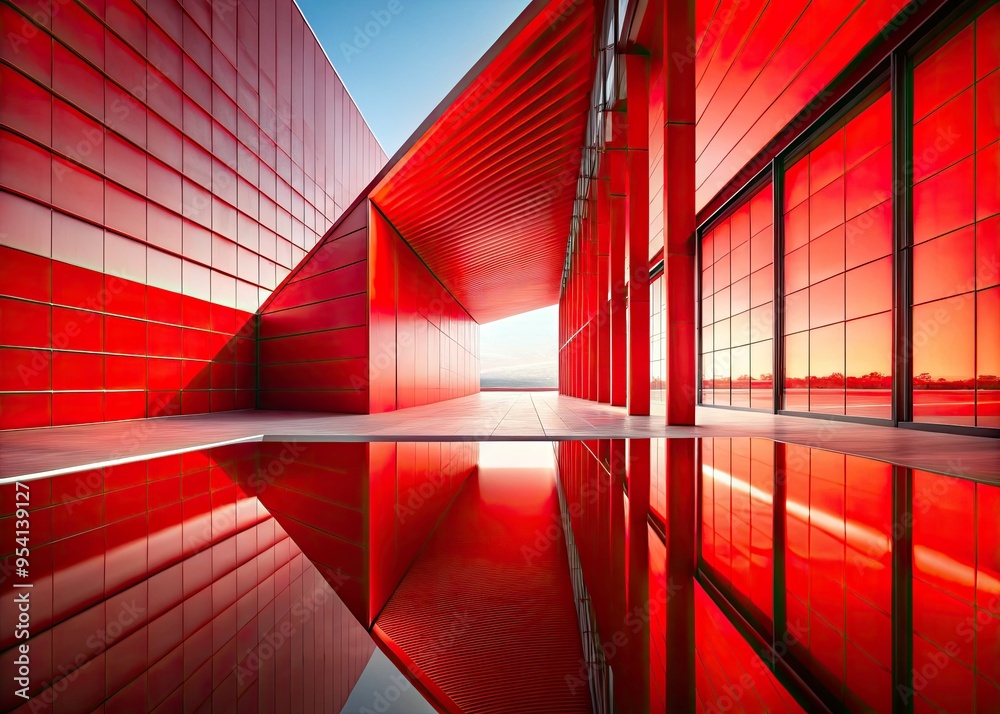 Obraz premium Bold Futuristic Red Monochromatic Architecture against White Background Minimalist Modern Geometric Composition with Dramatic Lighting Shadow Play and Reflections