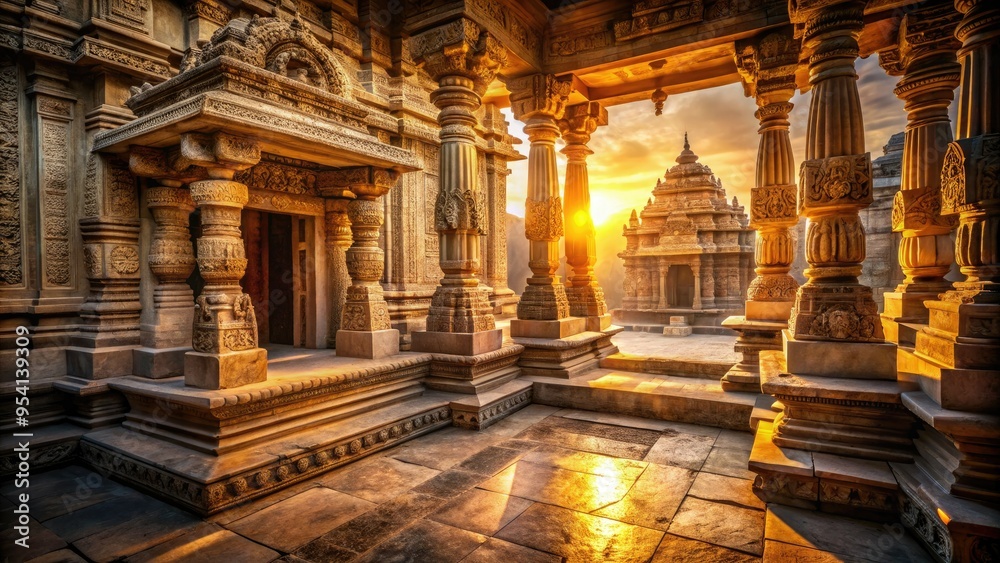 Obraz premium ancient wisdom meditation temple intricate stone carvings soft warm golden light subtle texture subtle shadows
