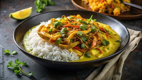 Moody dark background highlights creamy yellow turmeric curry with crispy fried onions and soft cooked vegetables served over a bed of jasmine rice