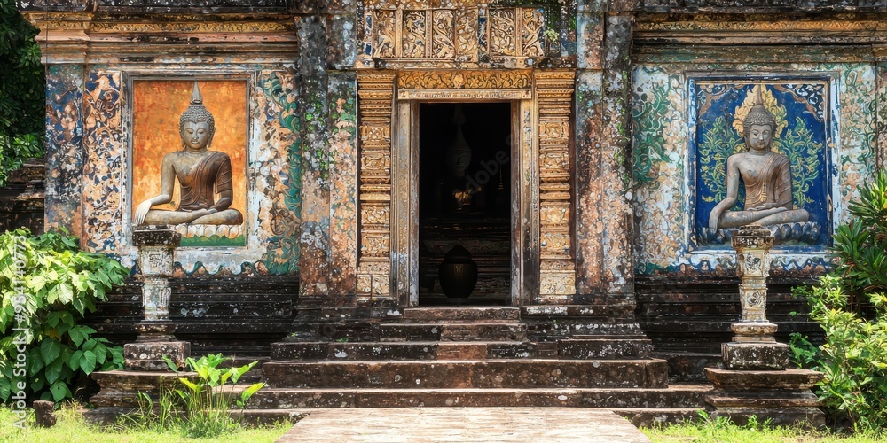 Ancient Buddhist Temple Entrance with Stone Buddha Statues and Intricate Carvings Ancient Buddhist Temple Entrance with Stone Buddha Statues and Intricate Carvings