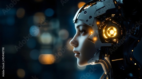Side View of Futuristic Female Robot with Glowing Light. Future of Artificial Intelligence. Copy Space. AI