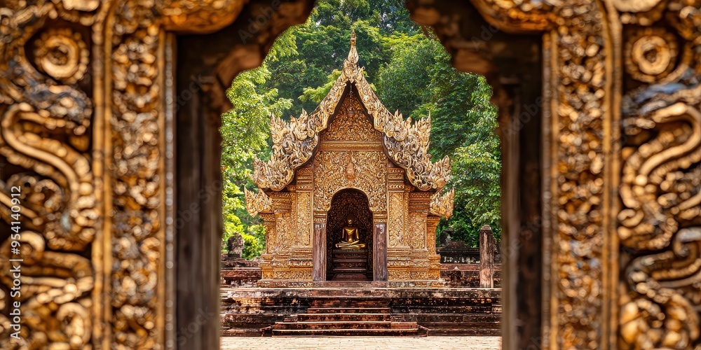 Fototapeta premium Golden Temple Gate View in Thailand Intricate Carvings Buddha Statue Ancient Architecture