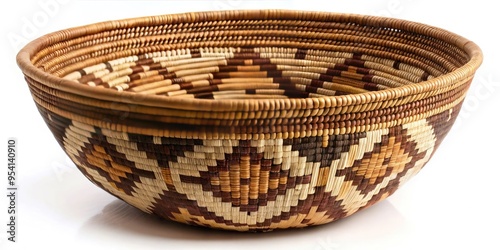 Intricate woven basket features a traditional tribal-inspired geometric pattern with earthy tones, blending natural fibers and cultural heritage in a timeless decorative piece.