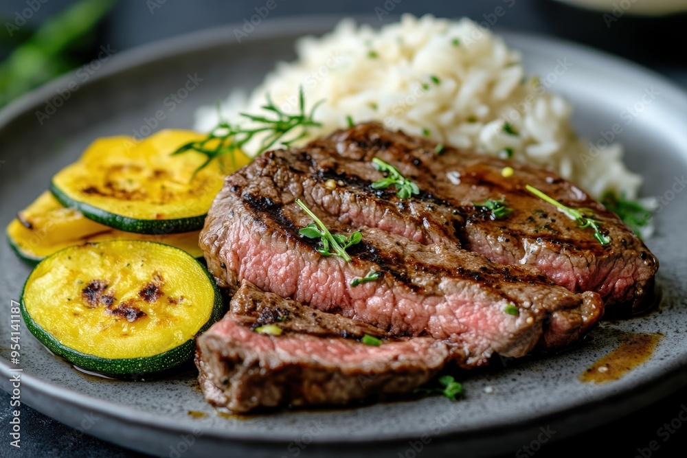 Juicy Grilled Steak with Rice and Zucchini Medley. Generative AI. Juicy Grilled Steak with Rice and Zucchini Medley. Generative AI.