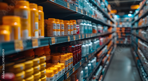 Blurred Shelves of Various Medical Products in a Pharmacy | Healthcare and Pharmaceutical Retail Environment