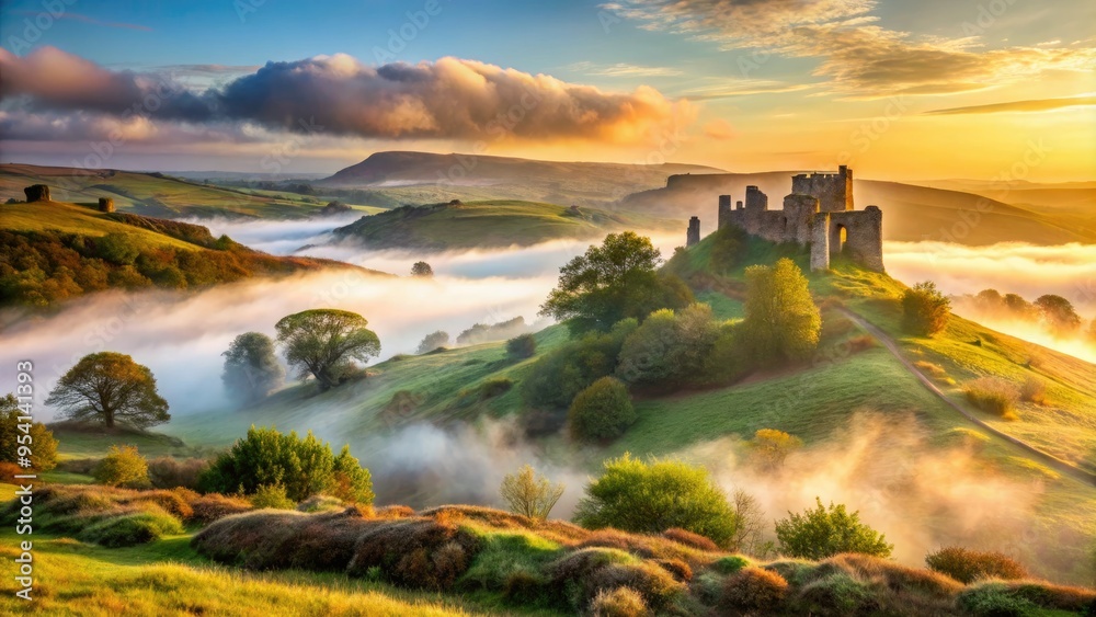 Fototapeta premium dramatic Coburg castle Ruin romantic misty moorland landscape