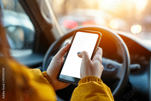 Closeup driver hand is holding smartphone with white screen