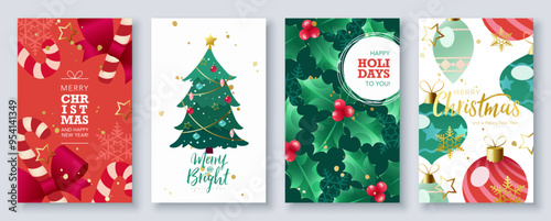 Cute Merry Christmas and Happy Holidays greeting card set with typography and hand drawn festive ornaments, snowflake, tree, holly. Vector illustration for digital media, and printed media