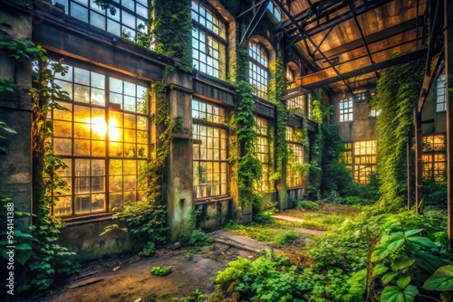 Rustic Abandoned Factory Windows Framed by Vines with Soft Focus, Warm Neon Lighting, and Moody Atmosphere in Desaturated Green and Gray Color Palette