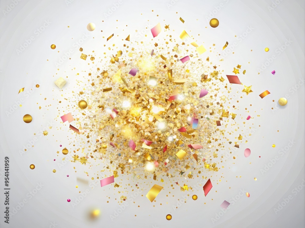 vibrant gold confetti explosion in vector motion with glossy textures and pastel colors on bright white background