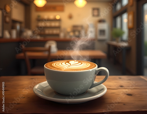 Steaming cup of cappuccino with latte art on a rustic wooden table in a cozy coffee shop