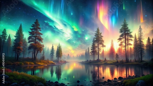 cosmic woodland seamless fusion of vibrant aurora borealis and misty woodland atmosphere in surreal and dreamlike composition