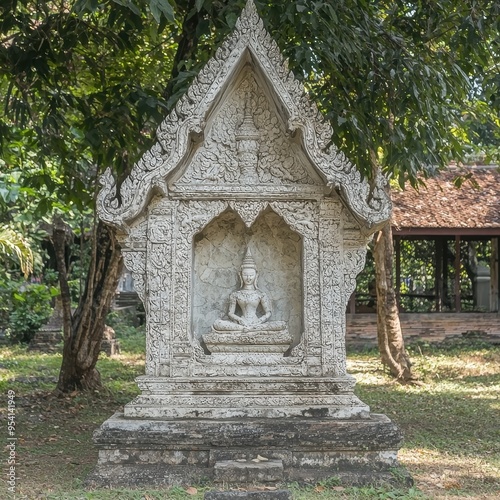 Ornate Stone Shrine With Buddha Statue In Garden Setting